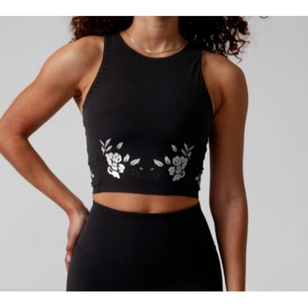 Athleta Black Floral Conscious Eyelet Crop Tank Top Xs